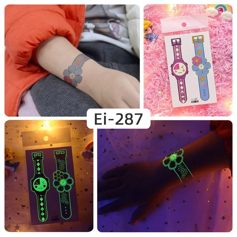 24 kinds Luminous Tattoo Sticker Children Arm Face Glowing Tattoos Watch Boys Body Art Girls Tatto Party Makeup Kids Gift