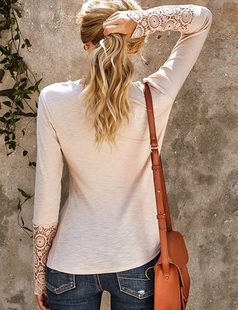 Women's Beige Crochet Lace Hem Sleeve Button Blouse