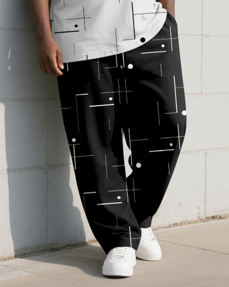 Big & Tall Men's Black And White Geometric Line Print Vest Trousers Suit