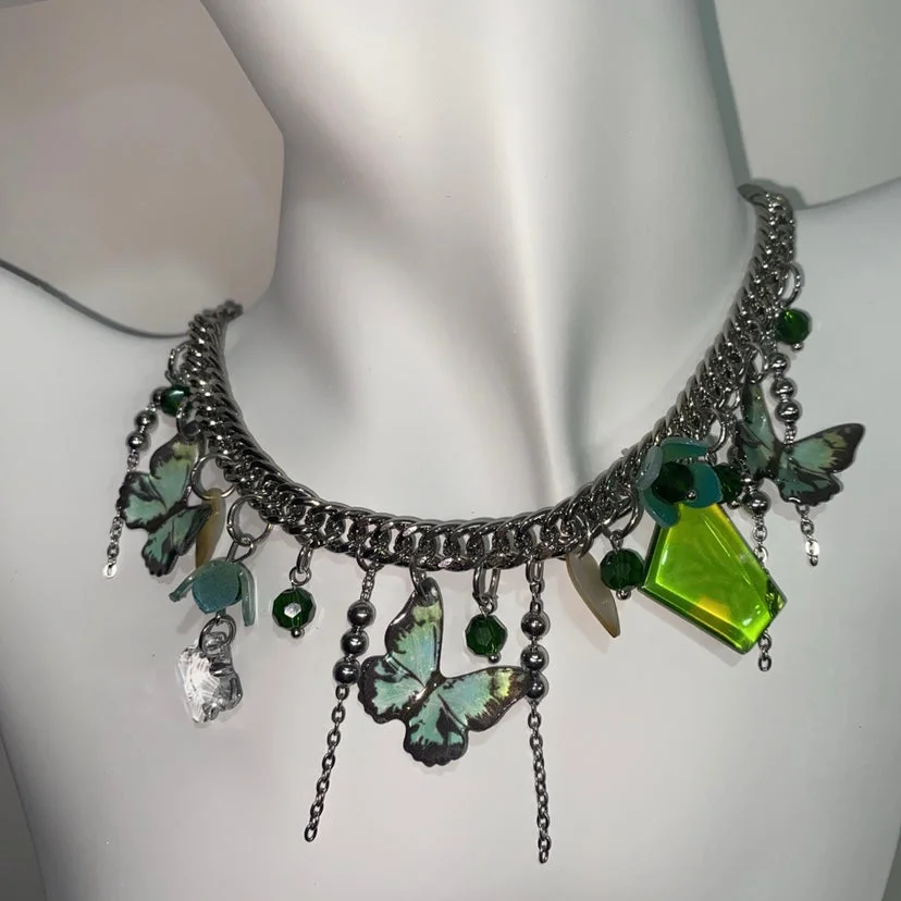 Green Butterfly Tassel Choker Necklace