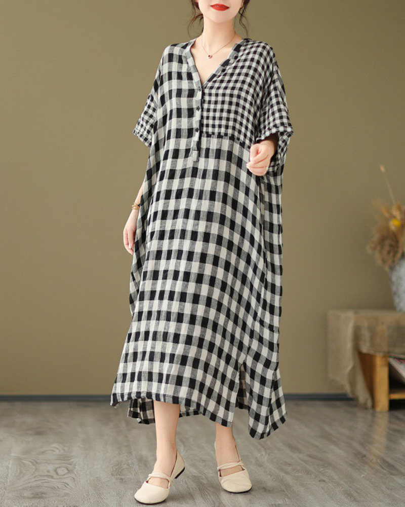 Checkered Pattern Short Sleeve V Neck Loose Midi Dress