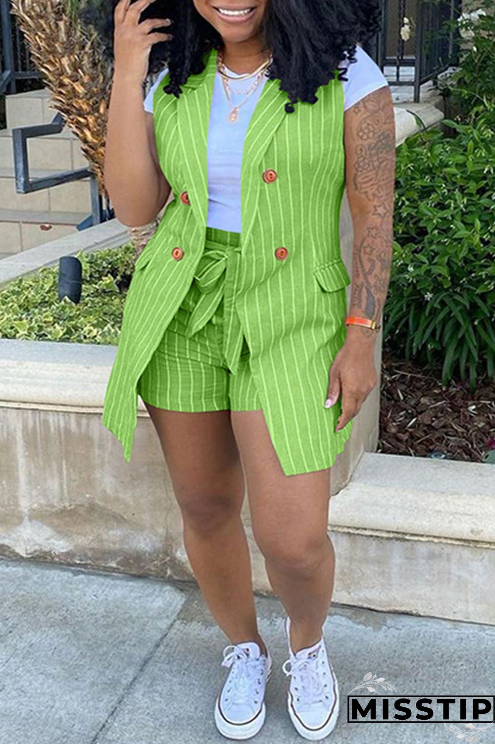 Khaki Fashion Casual Striped Print Patchwork Cardigan Turndown Collar Plus Size Two Pieces (Without T-shirt)