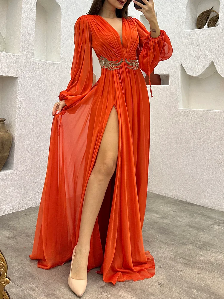 Pleated Solid Color Split-side Long Sleeves Puff Sleeves V-neck Maxi Dresses