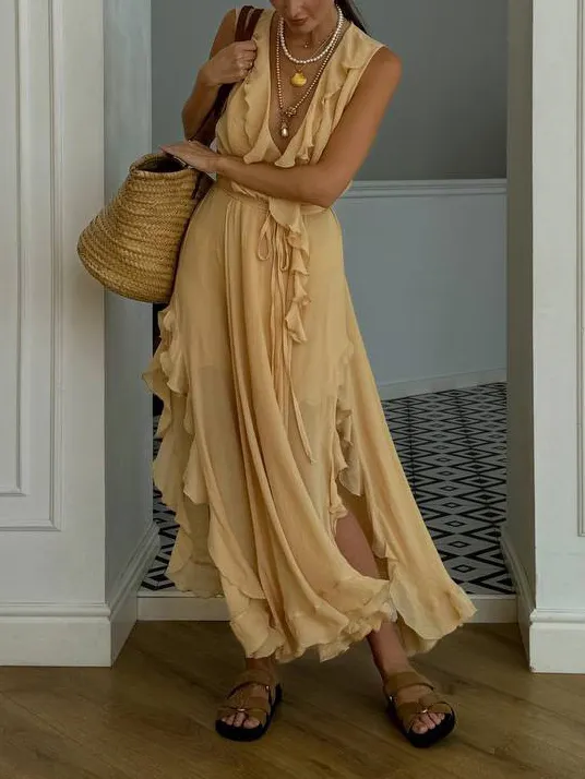 Elegant Ruffled V-Neck High-Slit Maxi Dress