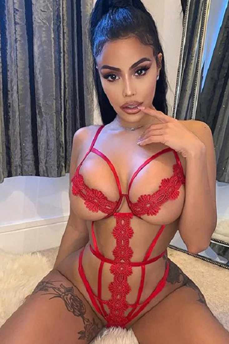 Sexy Red Crochet Strappy Bodysuit Lingerie