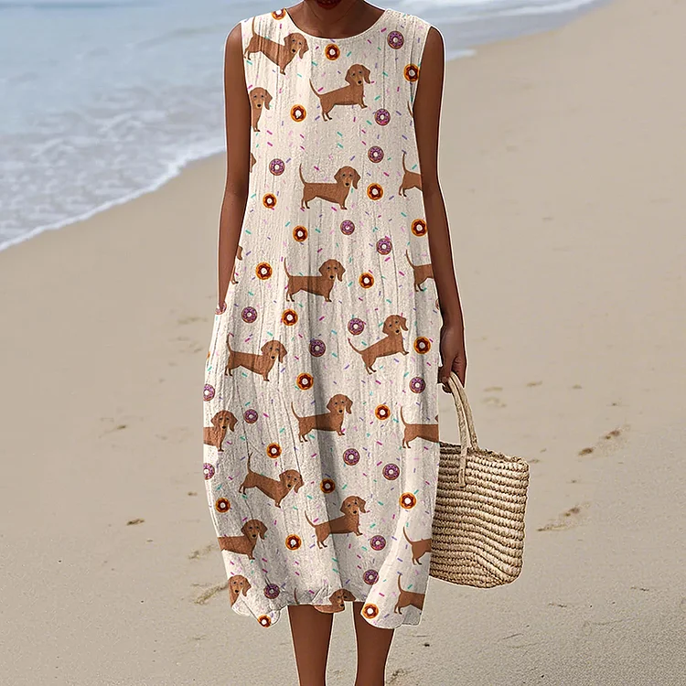 Women's Cute Dachshund Print Crew Neck Tank Midi Dress