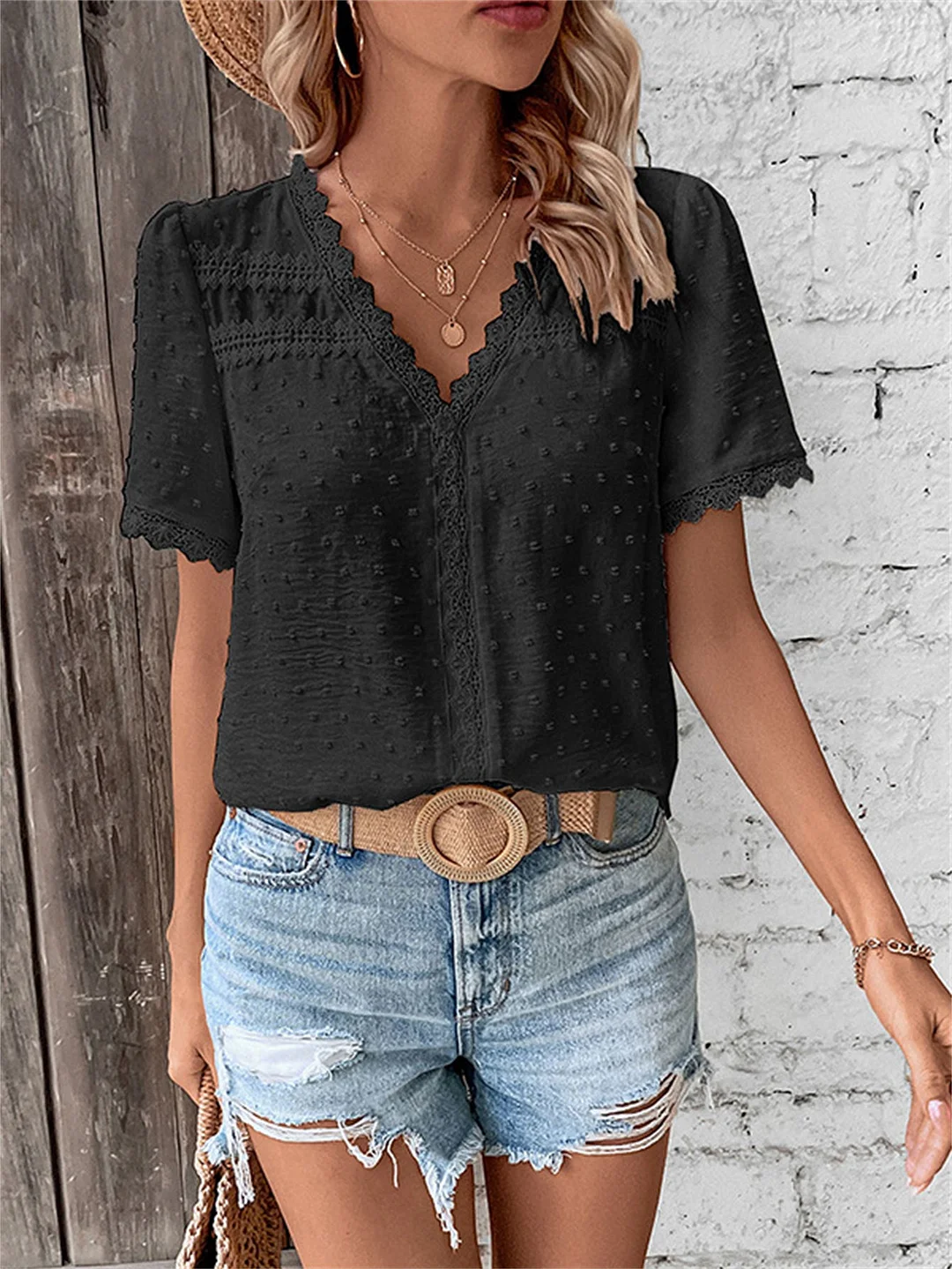Women Short Sleeve V-neck Solid Color Lace Tops
