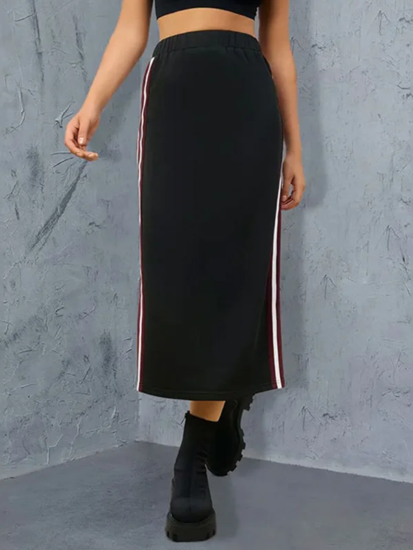 High Waisted Loose Contrast Color Elasticity Pleated Split-Back Split-Joint Striped Skirts Bottoms