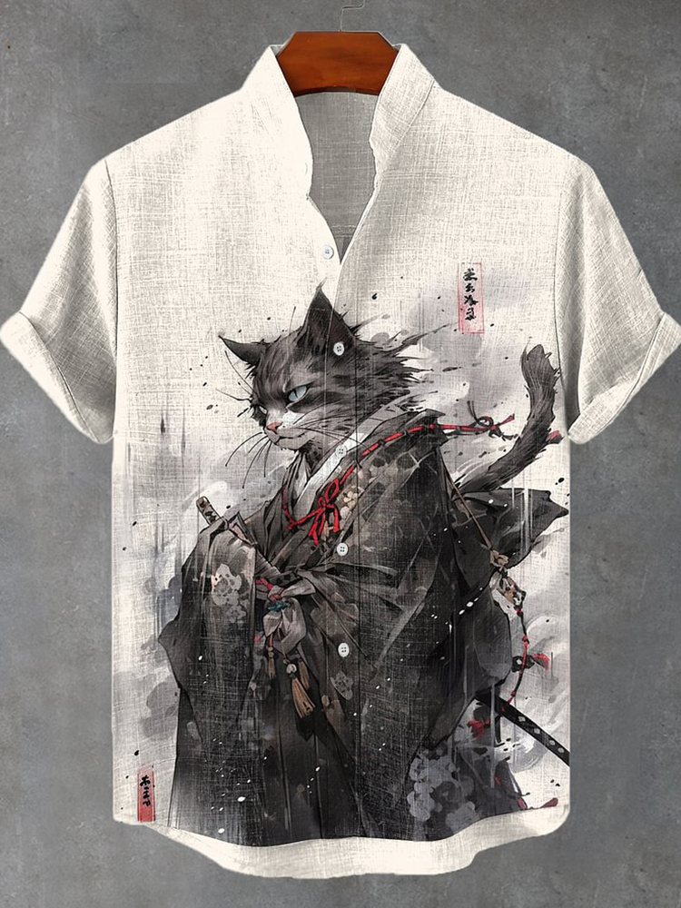 Comstylish Japan Cat Kimono Samurai Ink Art Linen Blend Cozy Shirt