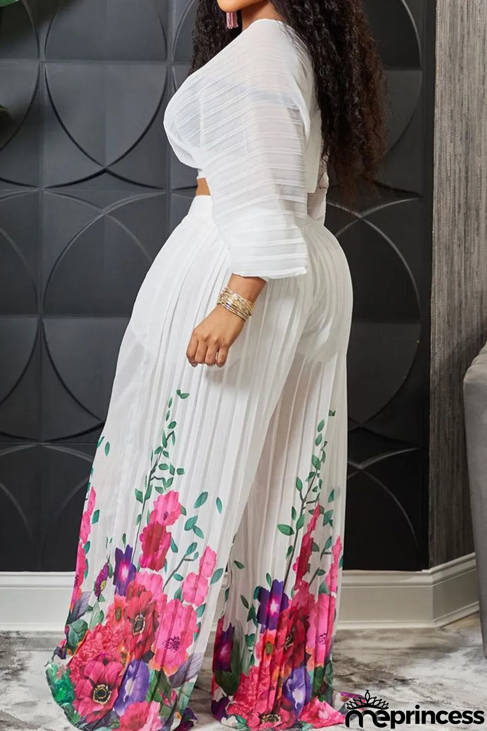 White Casual Elegant Print Patchwork Fold V Neck Long Sleeve Two Pieces