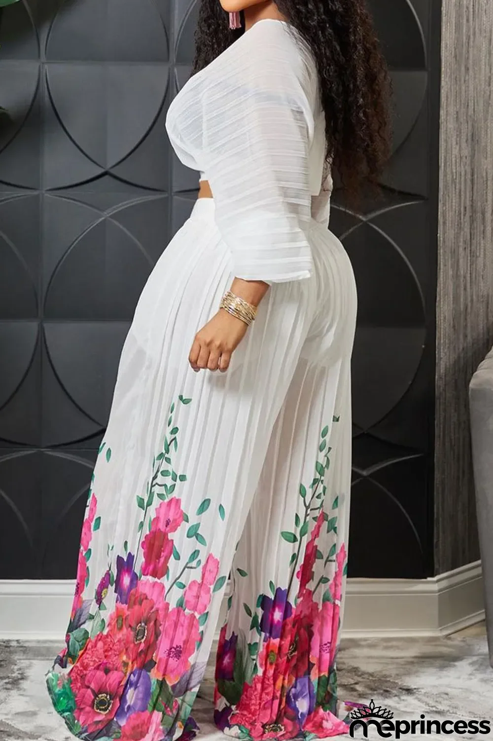 White Casual Elegant Print Patchwork Fold V Neck Long Sleeve Two Pieces