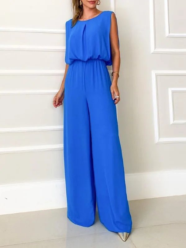 Split-Joint Solid Color Pleated Elasticity Backless Sleeveless High Waisted Jumpsuits
