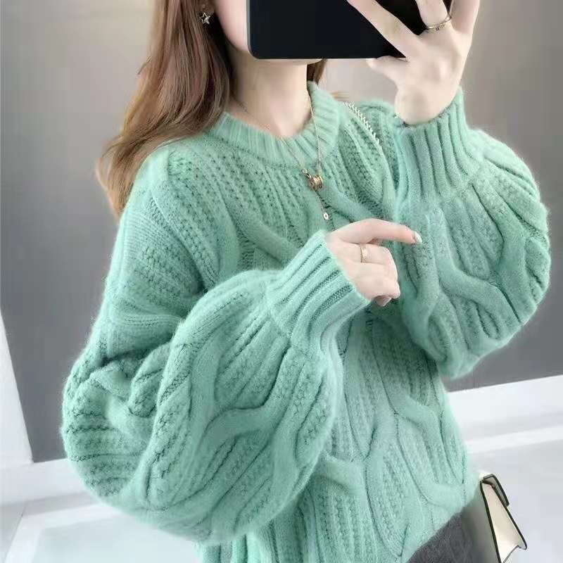 2021 Women Sweater Lantern Sleeve Knitted Pullover Twisted Tops Casual Long Sleeve O Neck Sweater Autumn Winter Korean Style