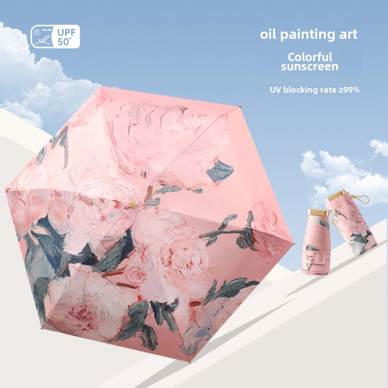 Mini Oil Painting Five-fold Umbrella Small Portable Sunscreen Capsule Umbrella UV Protection Black Umbrella Folding Umbrella In Stock