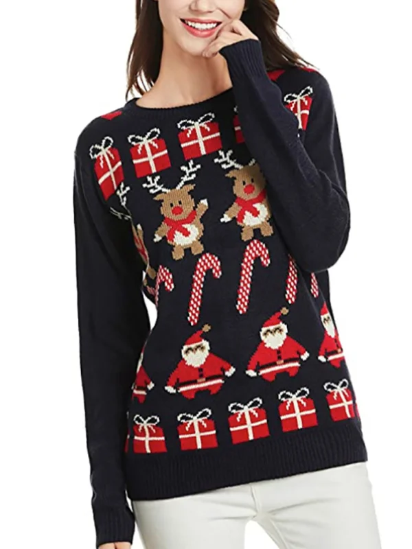 Women's Christmas Crew Neck Long Sleeve Sweater Flusfy