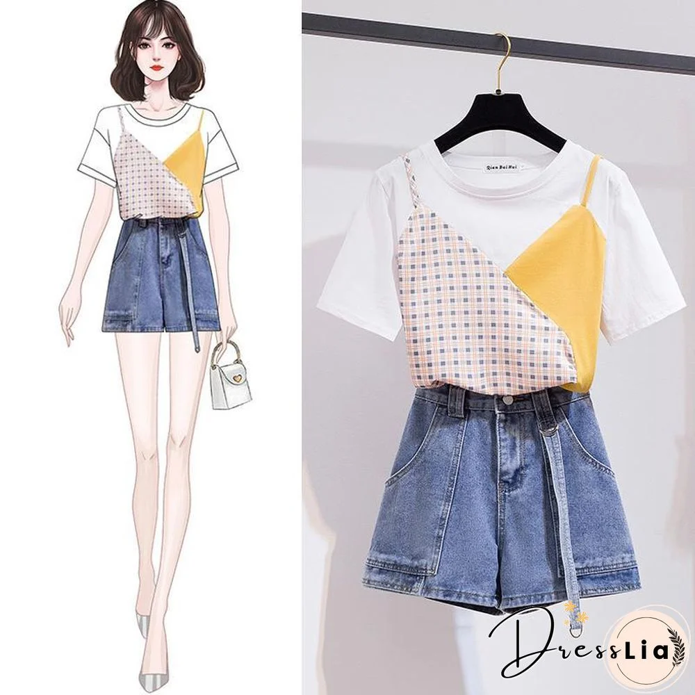 Fashion Colorblock Tee+Denim Shorts P11539