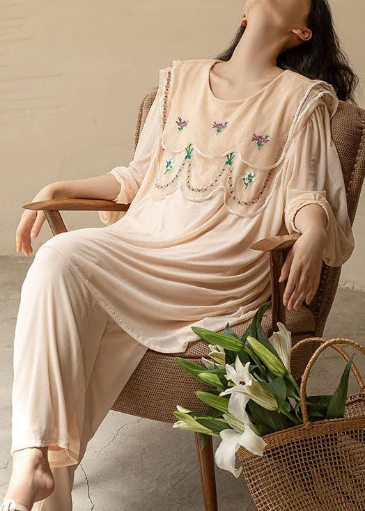 Natural Apricot O-Neck Embroideried Patchwork Ice Silk Pajamas Two Piece Spring