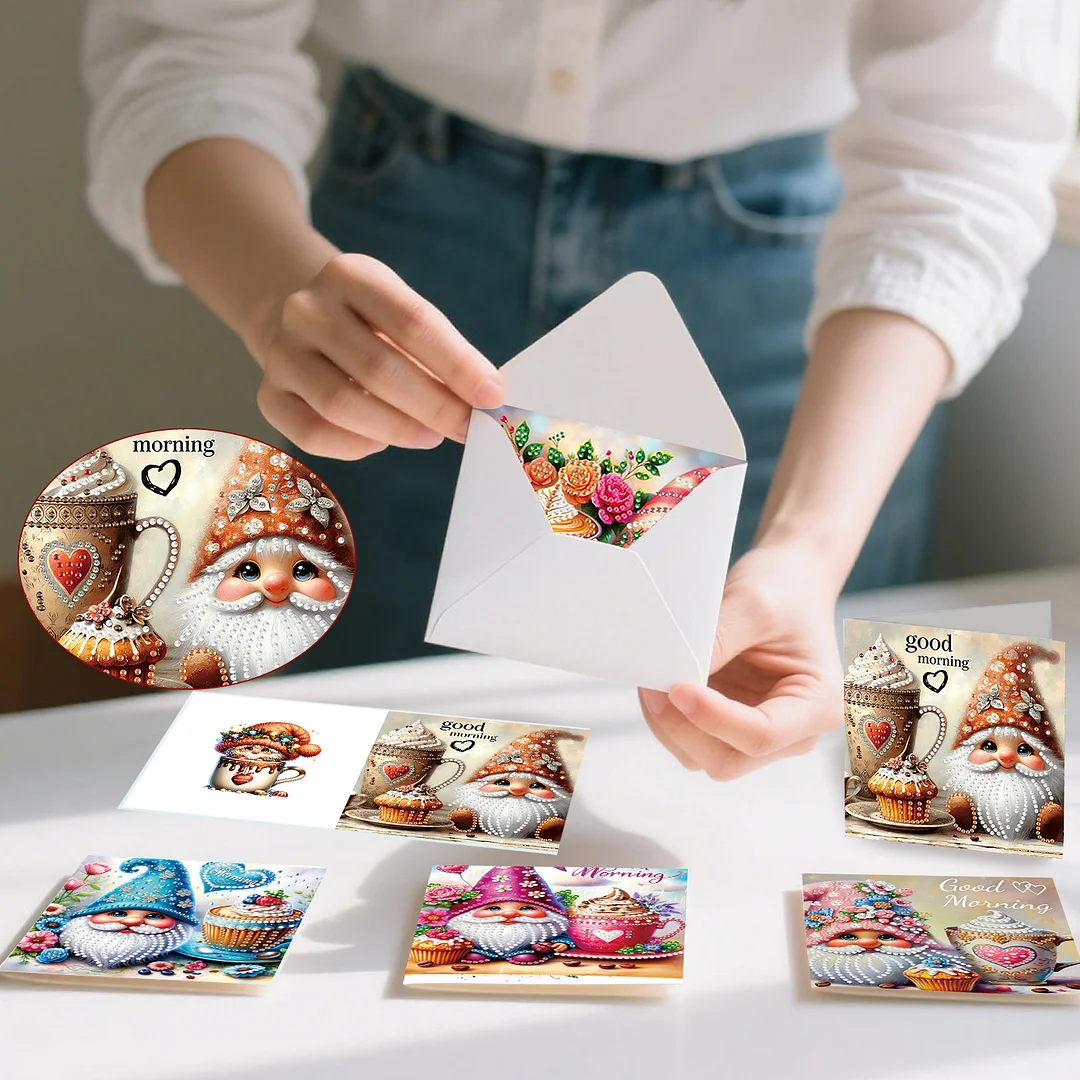 6pcs Good Morning Goblin DIY Diamond Painting Kit Greeting Card with Envelope Diamond Art Painting Greeting Cards for Family Friends Holiday Gift Congratulations