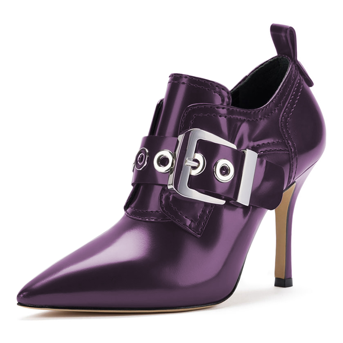 Purple Vegan Leather Buckle Strap Pointed Toe Stiletto Heeled Booties Nicepairs