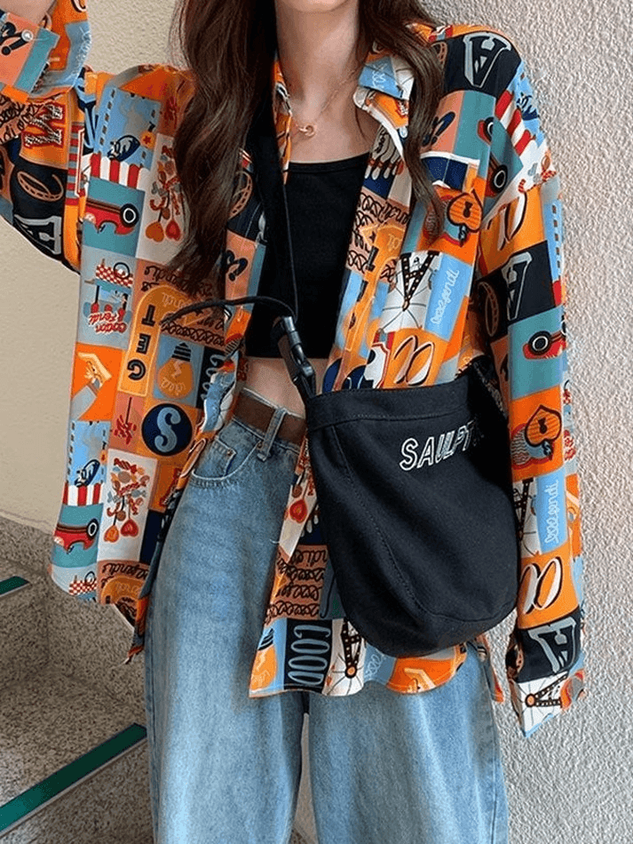 Brownm Vintage Mixed Print Long Sleeve Blouse