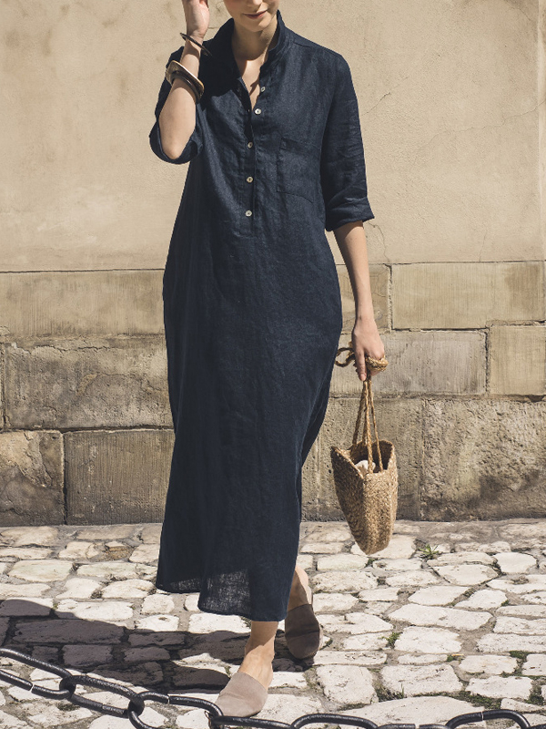Lapel Pullover Cotton and Linen Solid Color Dress hjn Shicloths