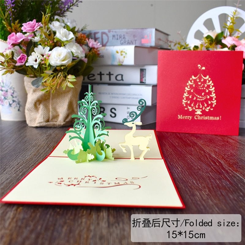 10 Pack Merry Christmas Gifts Tree Pop-Up Cards Reindeer Card Handmade with envelope Stickers Laser Cut New Year Greeting Cards