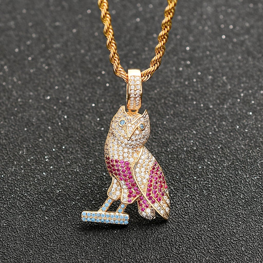 Colorful Iced Out Owl Pendant Animal Necklace Jewelry-VESSFUL
