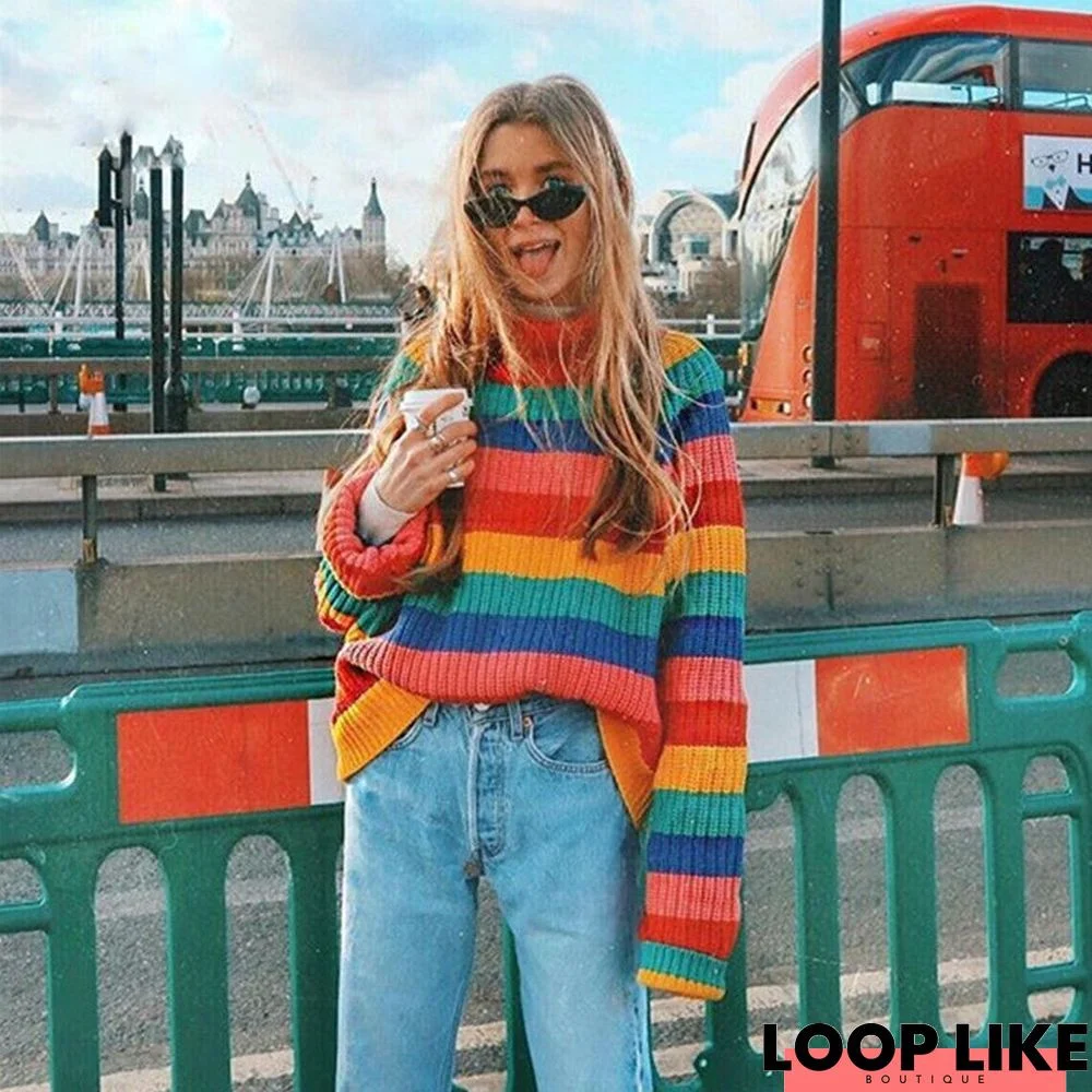 High Neck Sweater Women's Rainbow Stripe Loose Sweater