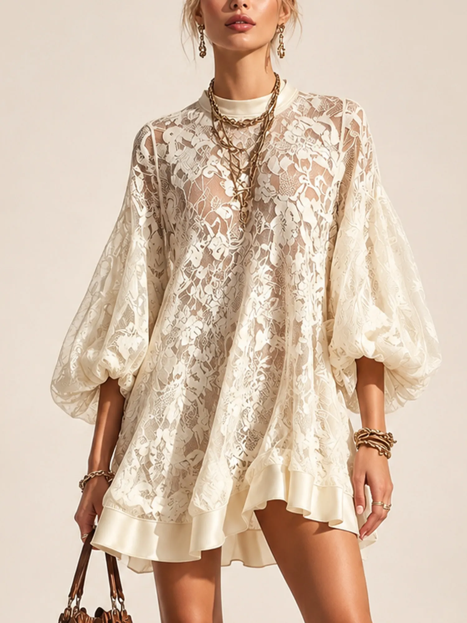 Vacation Dress &mdash; Cream Ivory Oversized Sheer Floral Lace Dress Mini Dress
