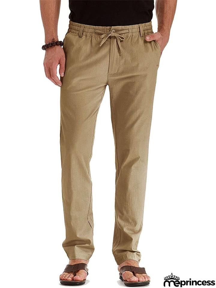 Men's Elastic Drawstring Waistband Casual Straight Cotton Pants