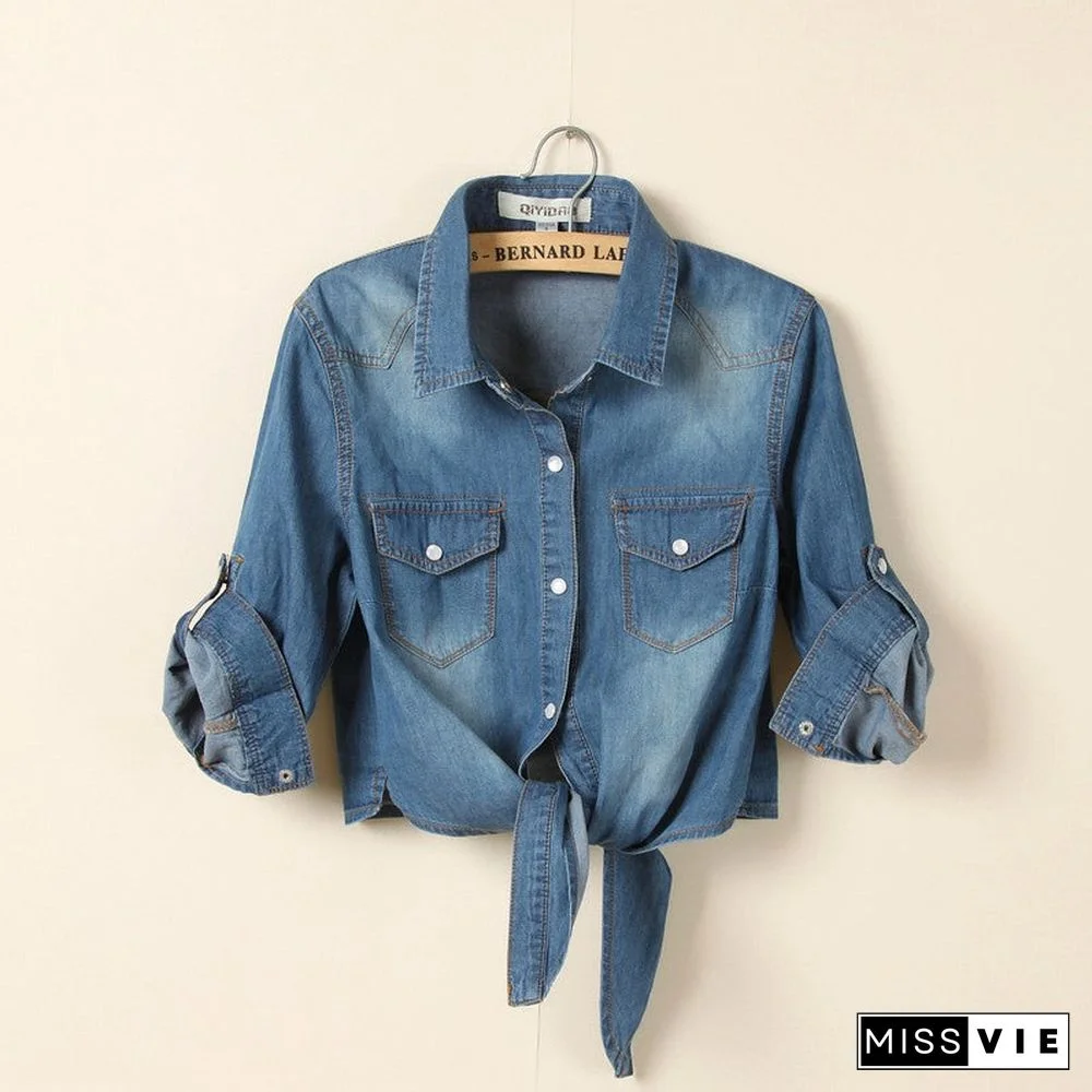 Front Tie Knot Denim shirt Crop Top Jean Blouse