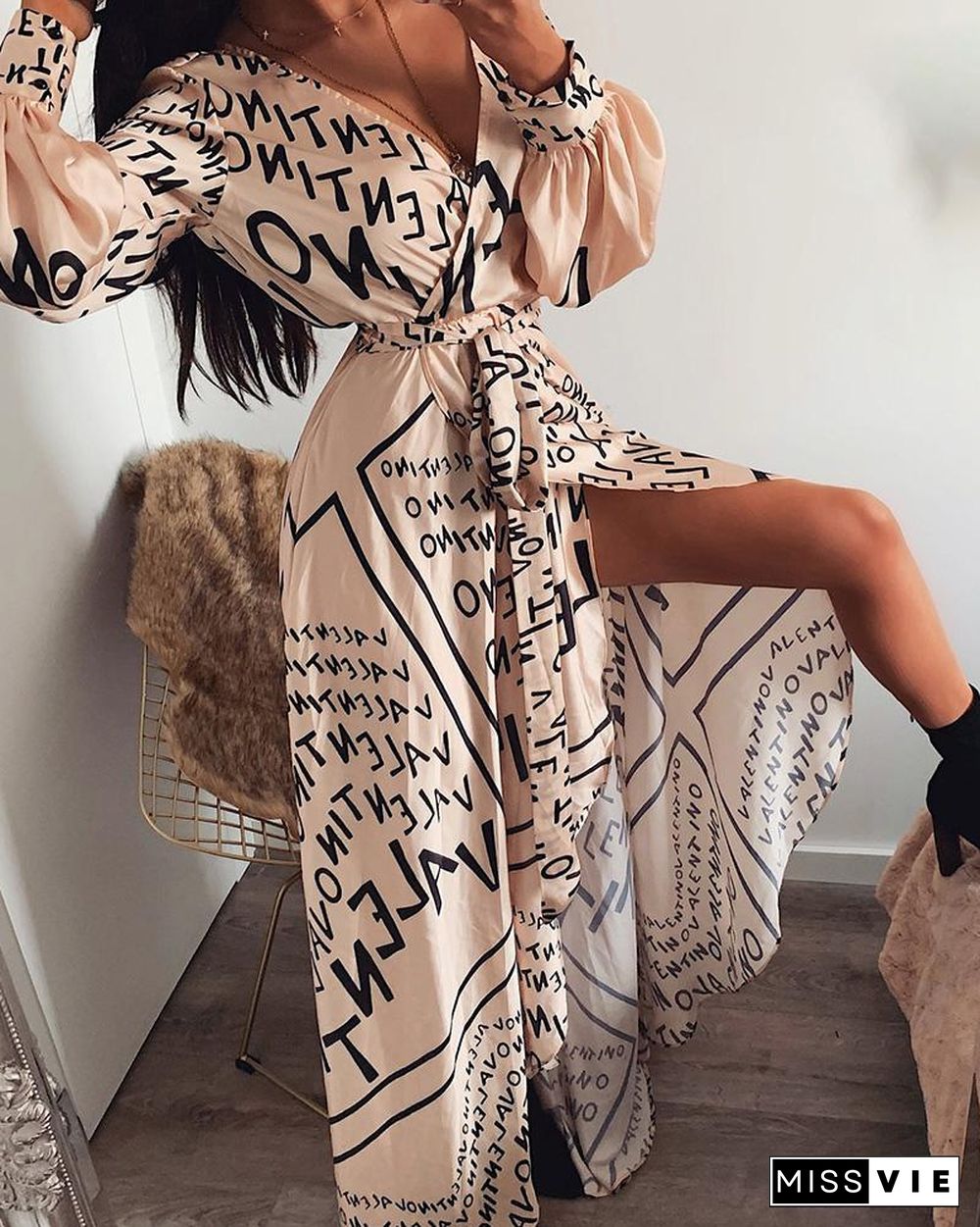 Letter Print Lantern Sleeve High Slit Maxi Dress P13222