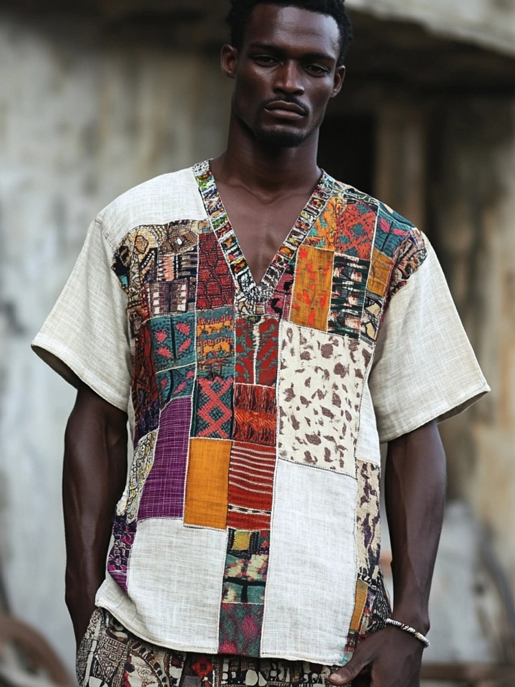 Men's African Ethnic Pattern V Neck Linen T Shirt