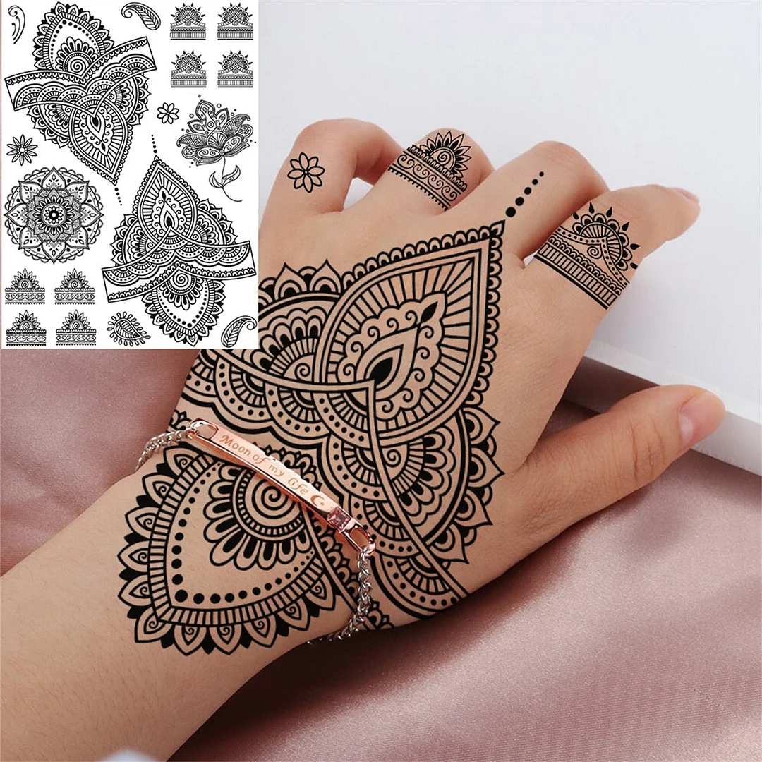 Mandala Flower Temporaray Tattoos For Women Adults Tribal Henna Tattoo Sticker Black Lace Dreamcatcher Fake Tatoos Legs Hands