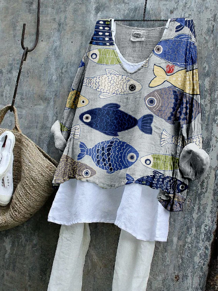 Wearshes Vintage Fish Japanese Art Linen Blend Flowy Tunic