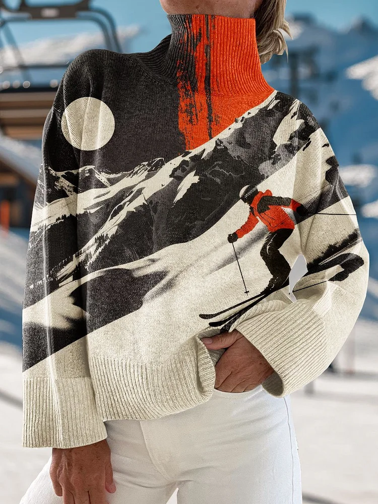 Winter Skiing Art Print Knit Turtleneck Pullover Sweater