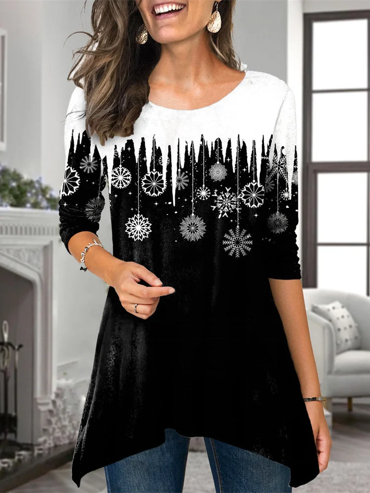 Women's Stitching Graphic Christmas Printed Solid Color Scoop Neck Long Sleeve Top