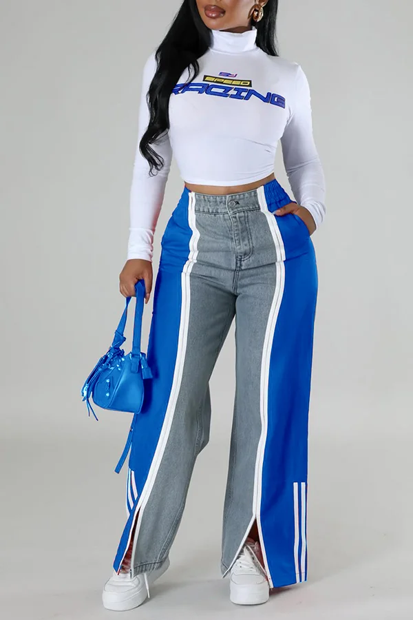 Casual Colorblock Contrast Denim Pants