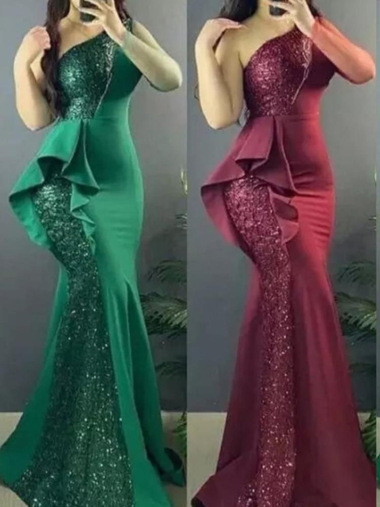 Neosepa-Popular Single Shoulder Sequins Patchwork Flounce Decorated Fishtail Gown