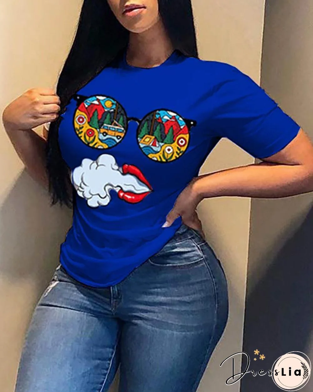 Figure / Lip / Letter Print Colorblock Casual T-shirt P11774