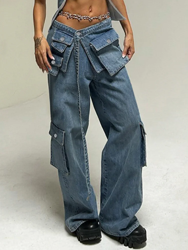 TARUXY Bandage High Waisted Baggy Jeans Women Blue Pockets Lace Up Cargo Pants Woman Street Casual Oversized Denim Pant Femme