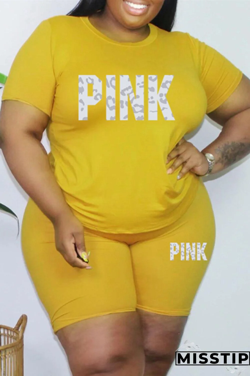 Black Fashion Casual Letter Print Basic O Neck Plus Size Two Pieces