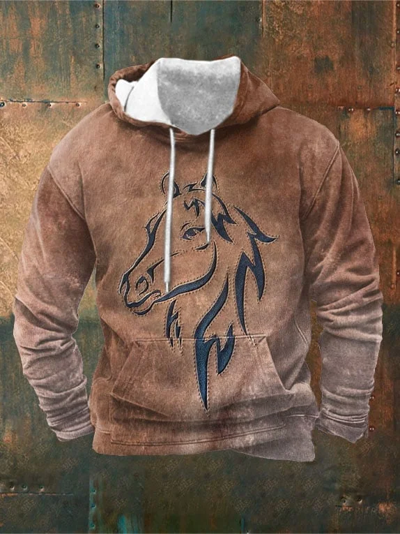 Men's Vintage Western Horse Print Casual Hoodie