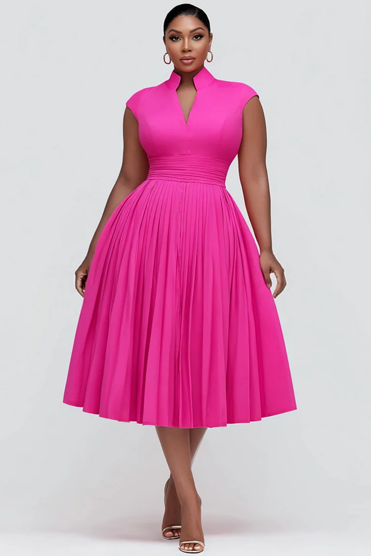Xpluswear Design Plus Size Cocktail Party Hot Pink Stand-Up Collar Cap Sleeve Pocket Fold Midi Dresses 2024 - Xpluswear