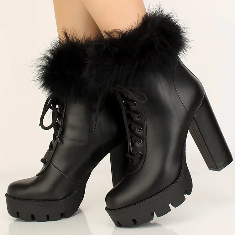 Black Fur Lace Up Boots Platform Chunky Heel Ankle Boots |FSJ Shoes