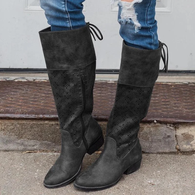 PLUS SIZE VINTAGE LEATHER ZIPPER KNEE BOOTS