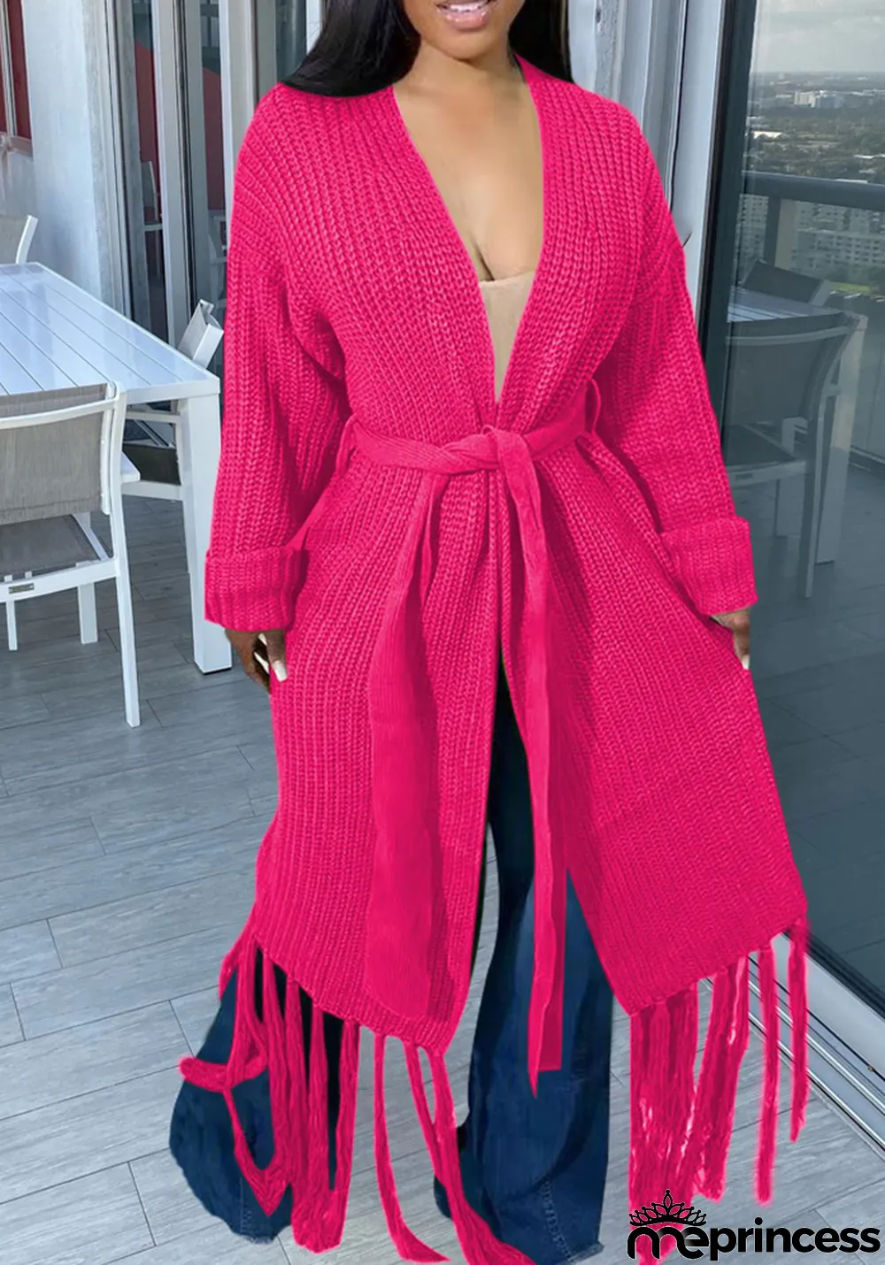Women Long Sleeve Fringe Cardigan Sweater