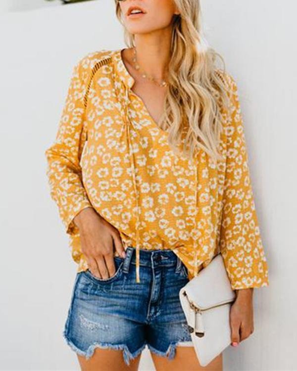 Women Casual Printed V-Neck Long Sleeve Blouse Tops