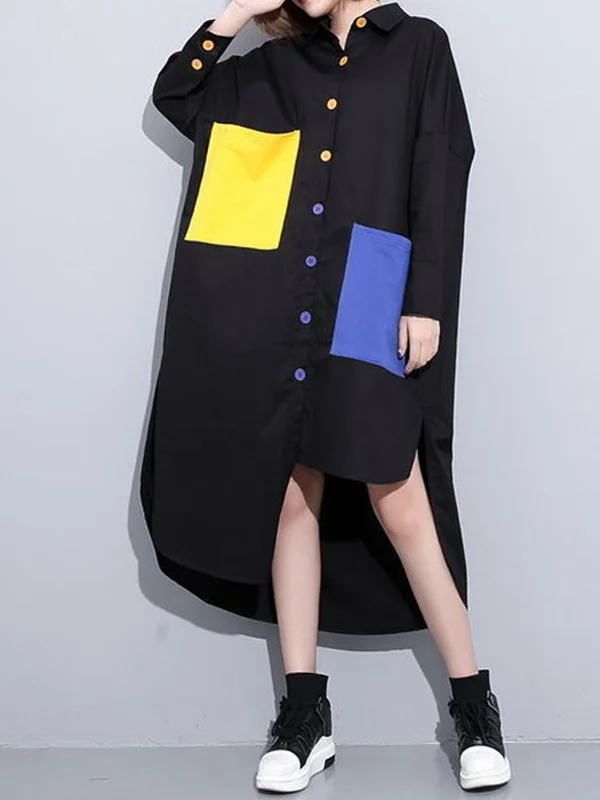 Long Sleeves Loose Asymmetric Buttoned Contrast Color Pockets Lapel Midi Dresses Shirt Dress