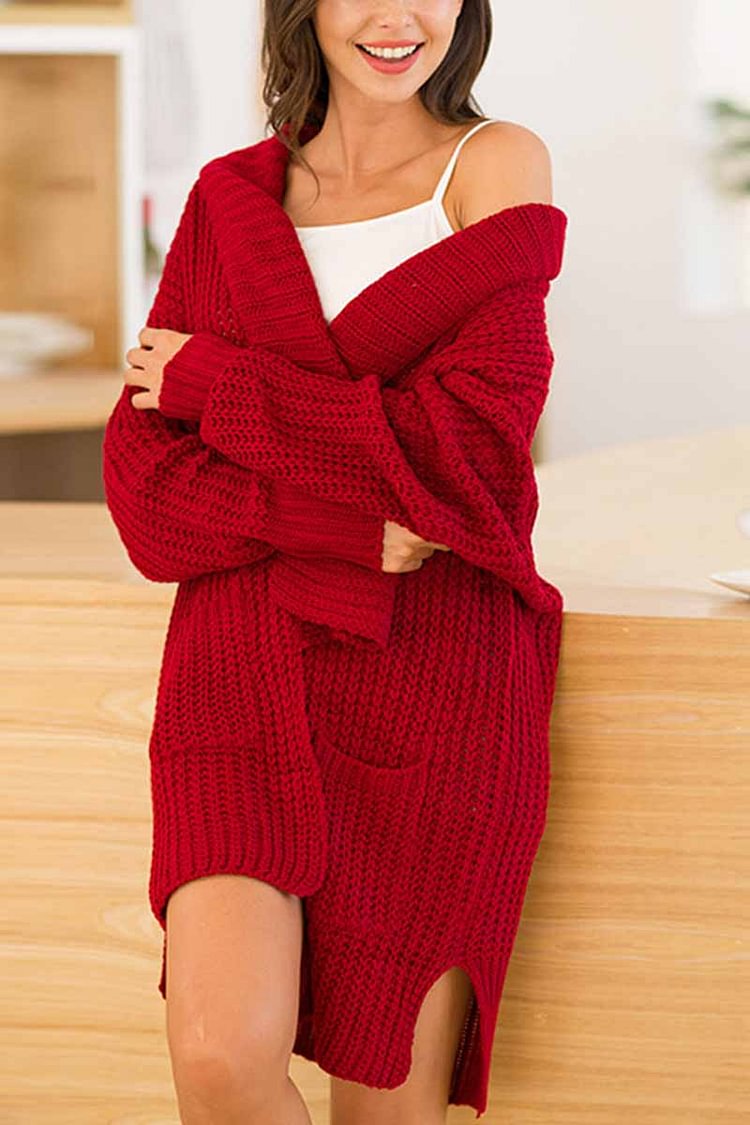 Knitted Red Long Sweater Coat